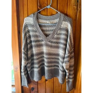 American Eagle Womens Striped V-Neck Sweater Brown Beige Oversized Knit Pullover